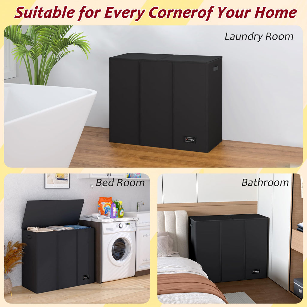 195L Laundry Hamper 3 Section,Large Laundry Hamper with Lid,Dirty Clothes Hamper with 3 Inner Bags,Collapsible