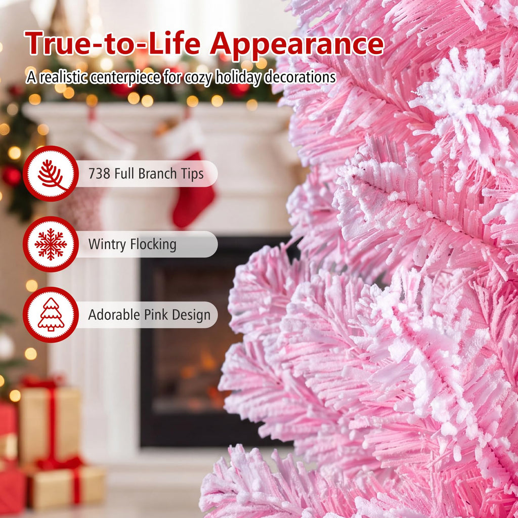 7ft Pink Pre-Lit Flocked Christmas Trees, Hinged