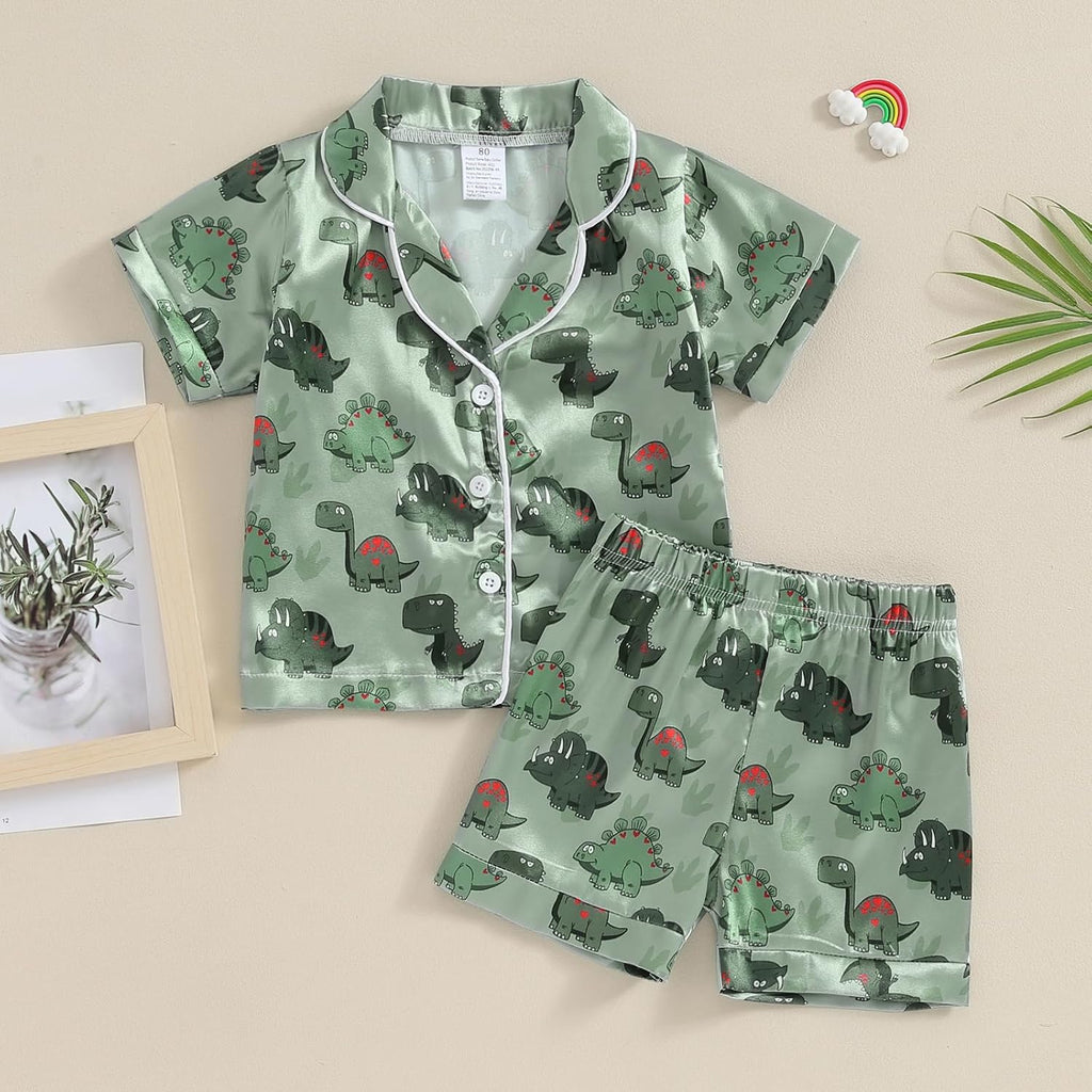 Kids Summer Satin Pajamas Sets Toddler Boys Dinosaur Pjs Short Sleeve Silk Nightwear Two Piece Sleepwear Loungewear
