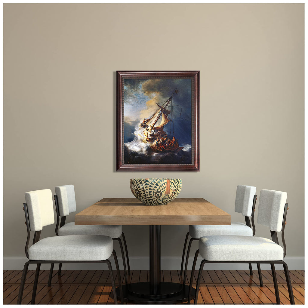 Christ in The Storm On The Sea of Galilee by Rembrandt van Rijn Dark Brown Faux Wood Grain Framed Size:35.5 x 29.5