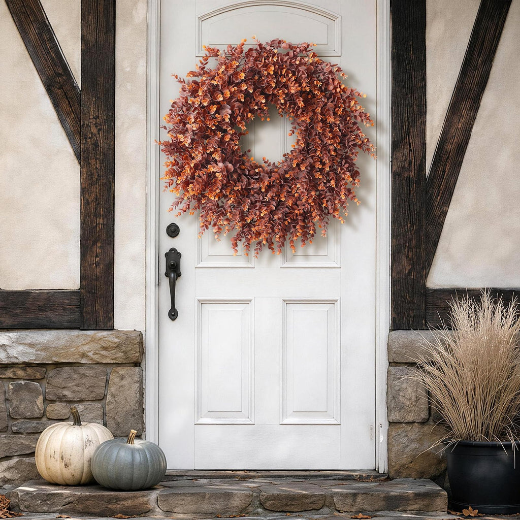 24" Lifelike Touch Fake Fall Eucalyptus Wreath for Front Door (Dark Orange)