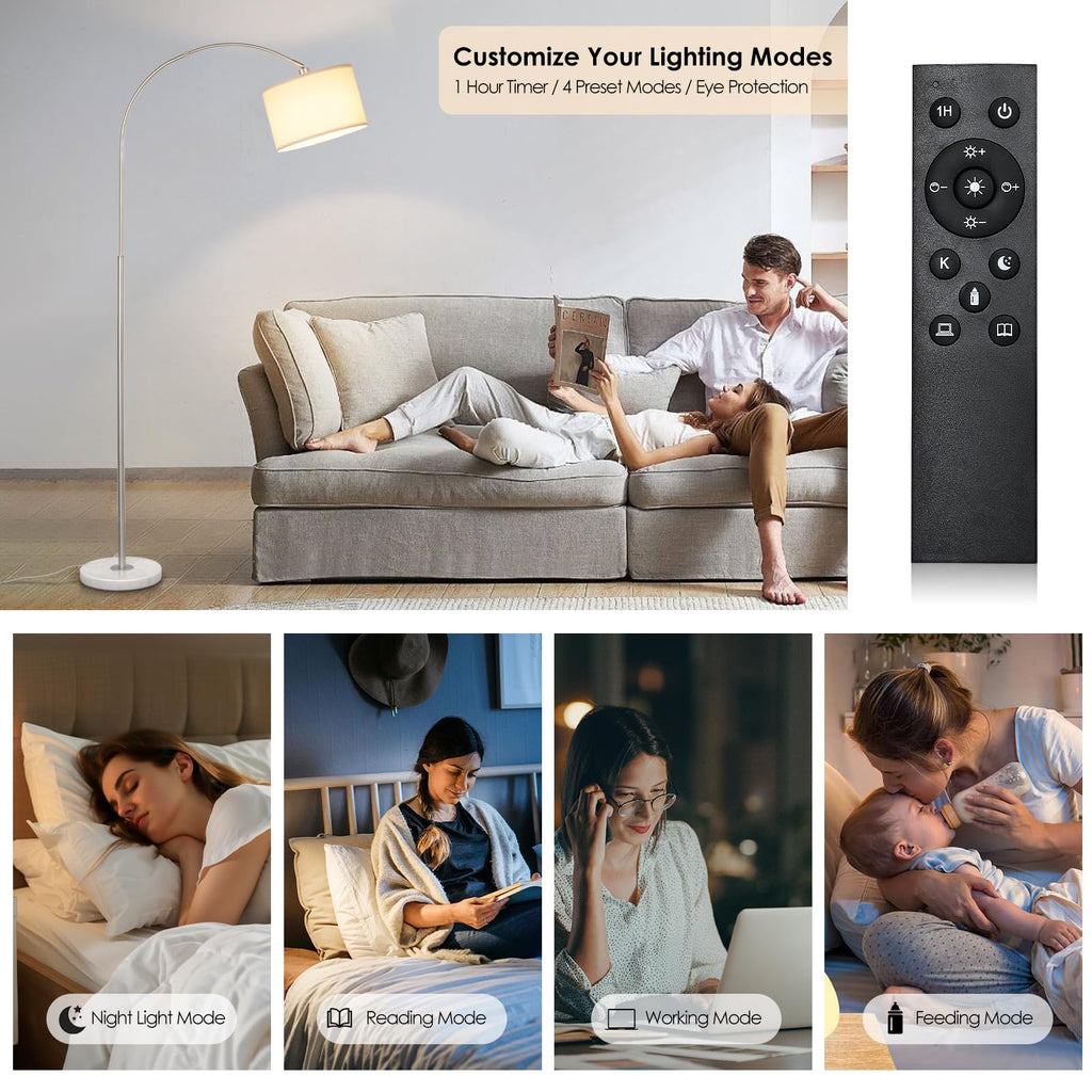 Dimmable Arc Floor Lamp, Remote & Foot Switch, Adjustable Shade