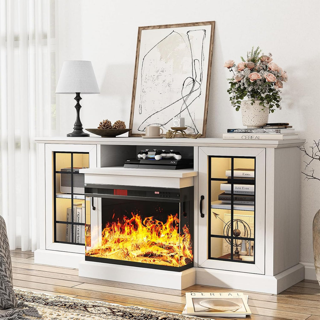 59 Inch Fireplace TV Stand with 3-Sided Glass, Media Entertainment Center for TVs up to 65 Inches, Adjustable LED Flame, White