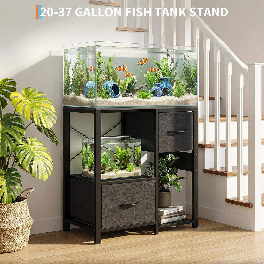 20-29 Gallon Fish Tank Stand with Power Outlets, Heavy Duty Metal and Wood Aquarium Stand with 2 Drawer and Sturdy