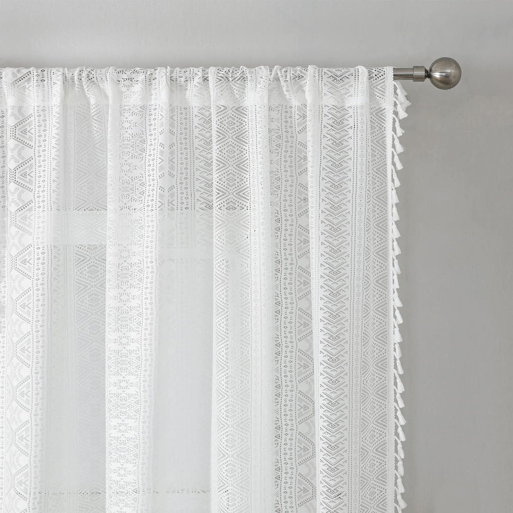 White Boho Sheer Lace Window Curtains with Tassel, 40" Wx72 Lx2