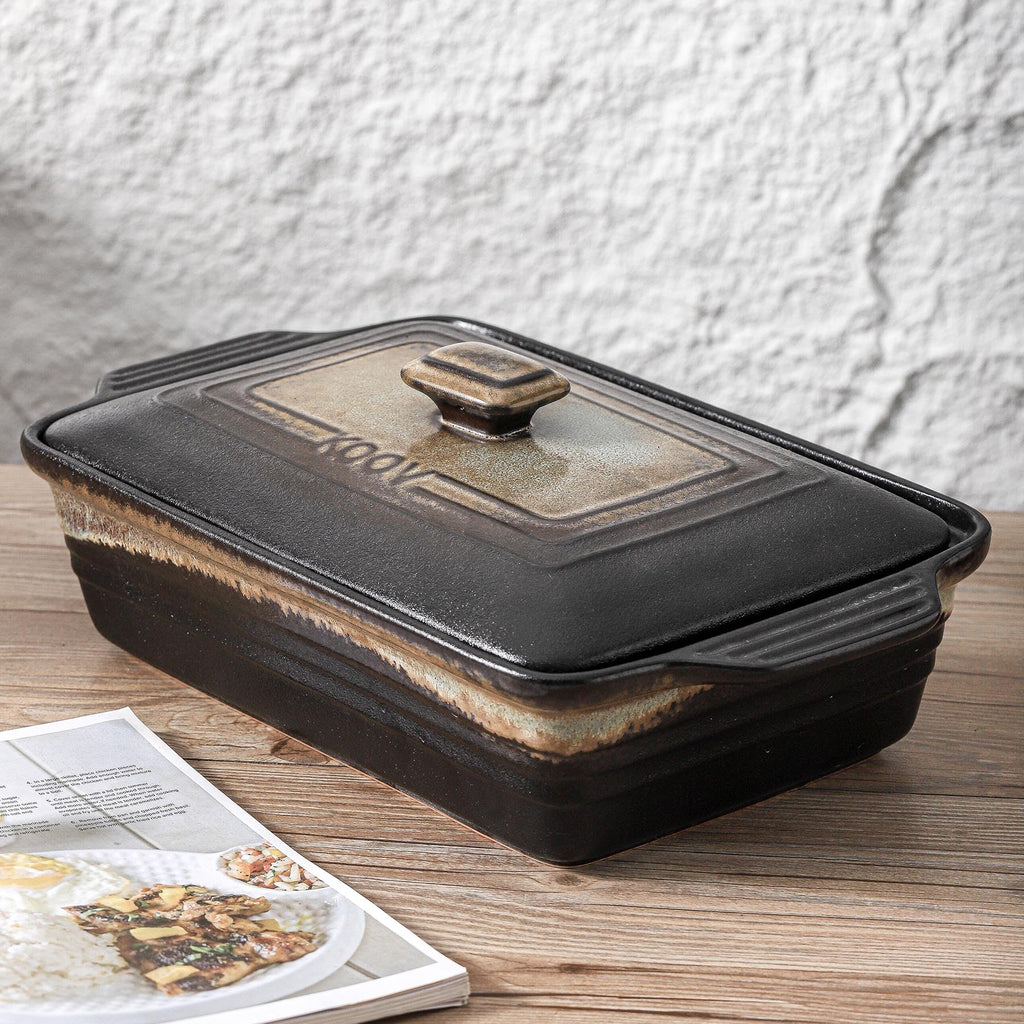 Ceramic Casserole Dish with Lid, Rectangular Baking Dish Set, Lasagna Pans for Cooking, 9 x 13 Inches, Stripe Series