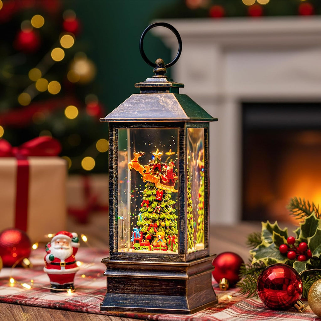 10.4" Christmas Snow Globe Flying Santa Around The Tree Water Lantern, Battery Operated or USB Powered Musical