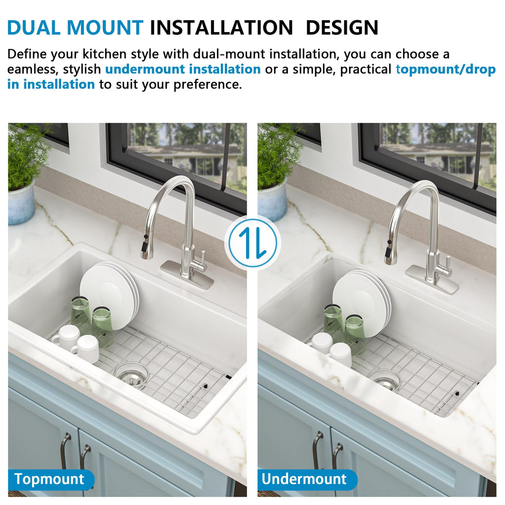 30 White Undermount Sink - 30"x18" Kitchen Sink Dual Mount White Ceramic Porcelain Fireclay Rectangular Deep Single