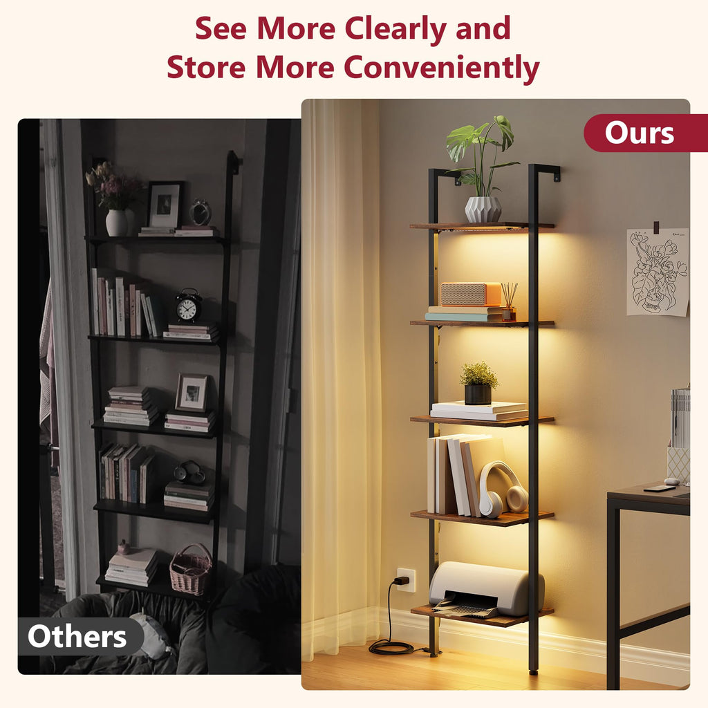 5 Tier Ladder Bookshelf with Light, Wall Ladder Shelf Rustic Brown