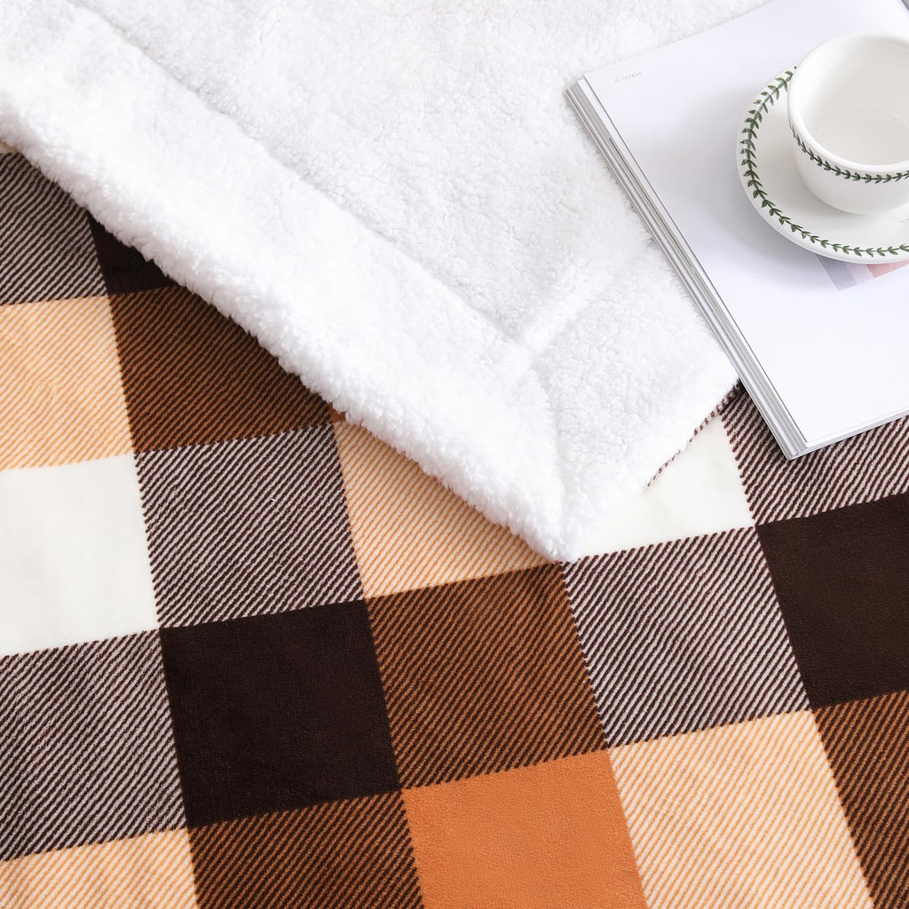 Buffalo Plaid Sherpa Fleece Throw Blanket, 60 x 80 inches, Orange