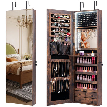Wall or Door Mounted Jewelry Armoire with Full Length Mirror