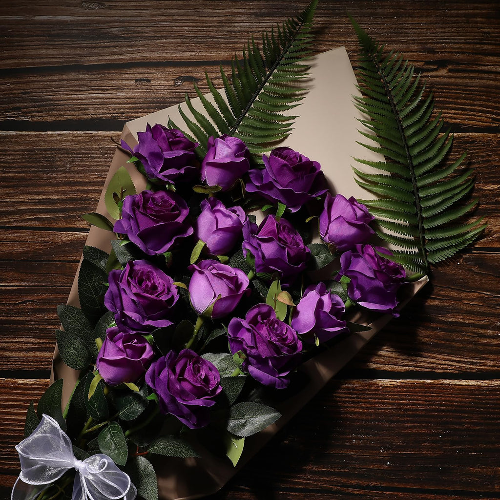 12PCS Artificial Silk Flowers Realistic Roses Bouquet Long Stem Wedding Decoration Party (Purple, 6 Flowers 6 Buds)
