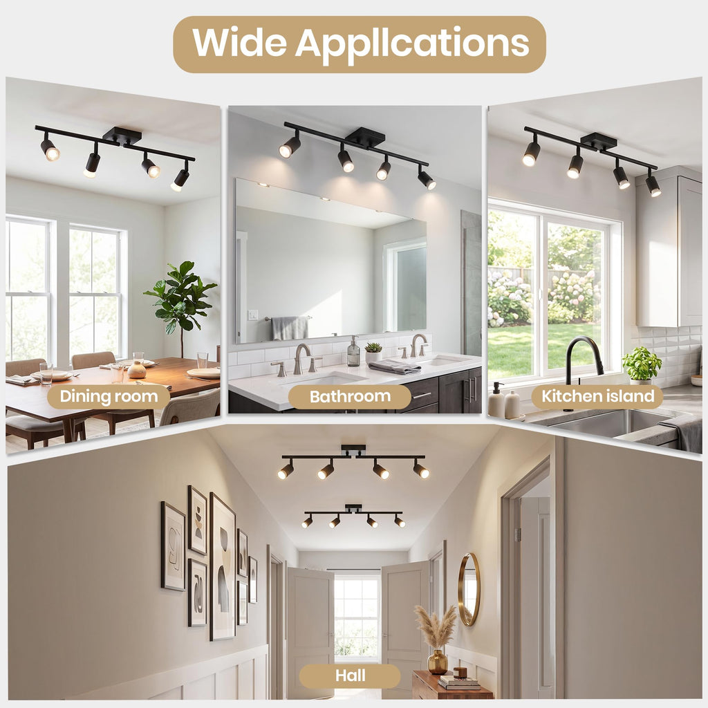 Black Track Lighting Kit - Adjustable GU10 Ceiling Spotlights, Modern Hardwired Flush Mount Fixture Island