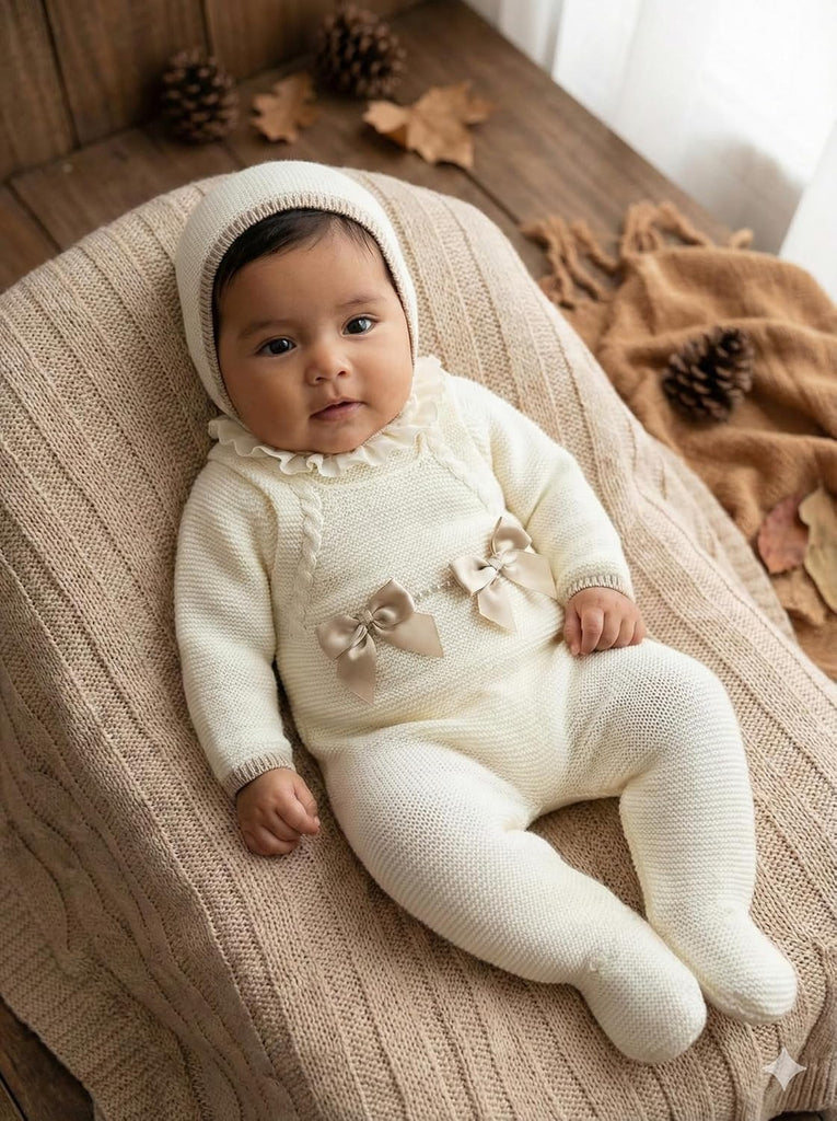 Piece Knitted Romper Set Sweater Hat Infant Boys Girls Overalls Soft Outfit Long Sleeve - Made in Spain
