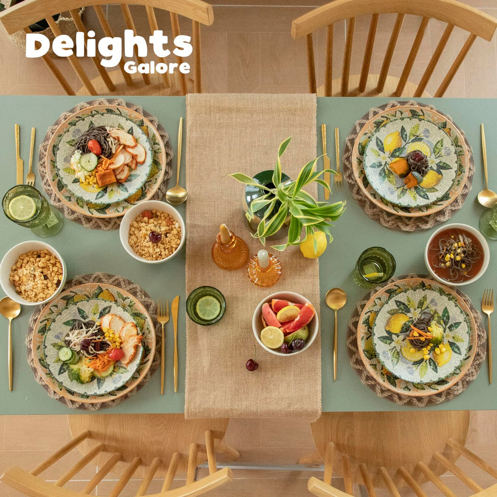 12-Piece Ceramic Dinnerware Set for 4, Lemon Mosaic Printed Plates and Bowls Set, Mediterranean Style Matte Stoneware