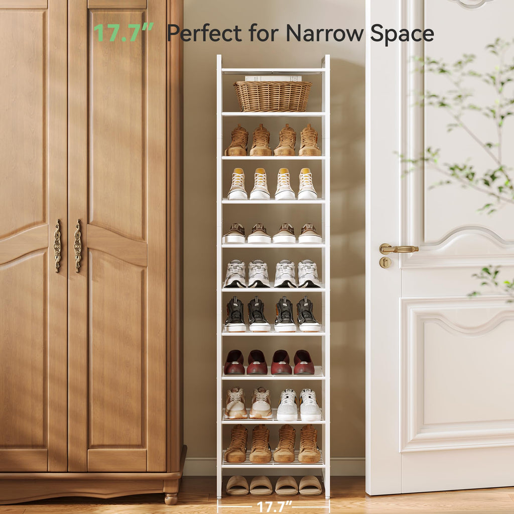 Narrow Shoe Rack, 10-Tier Metal Shoe Organizer, Tall Shoe Shelf with Anti-Tip Strap, Max Holds 22 Pairs, Space Saving