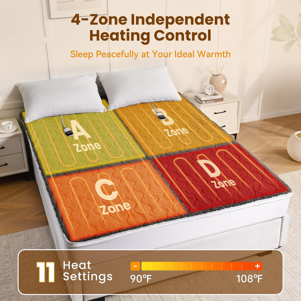 Multi-Zone Electric Heated Mattress Pad Queen Size, Dual Control Bed Warmer with Memory & 11 Heat Level, Auto