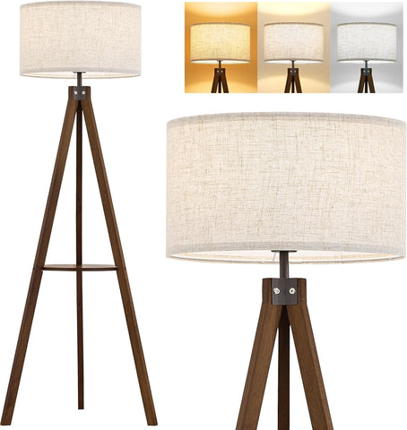 Tripod Floor Lamp with Table, Mid Century Wood Shelf Standing Light Modern Tall Floor Lamp with Line