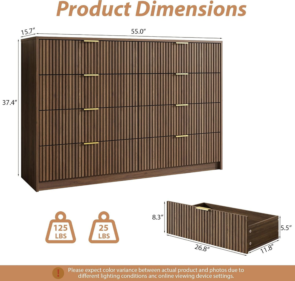 Dresser , 8 Drawer Double Dresser, Modern Chest of Drawers and Closet, 55" L x 15.7" D x 37.4" H, Walnut