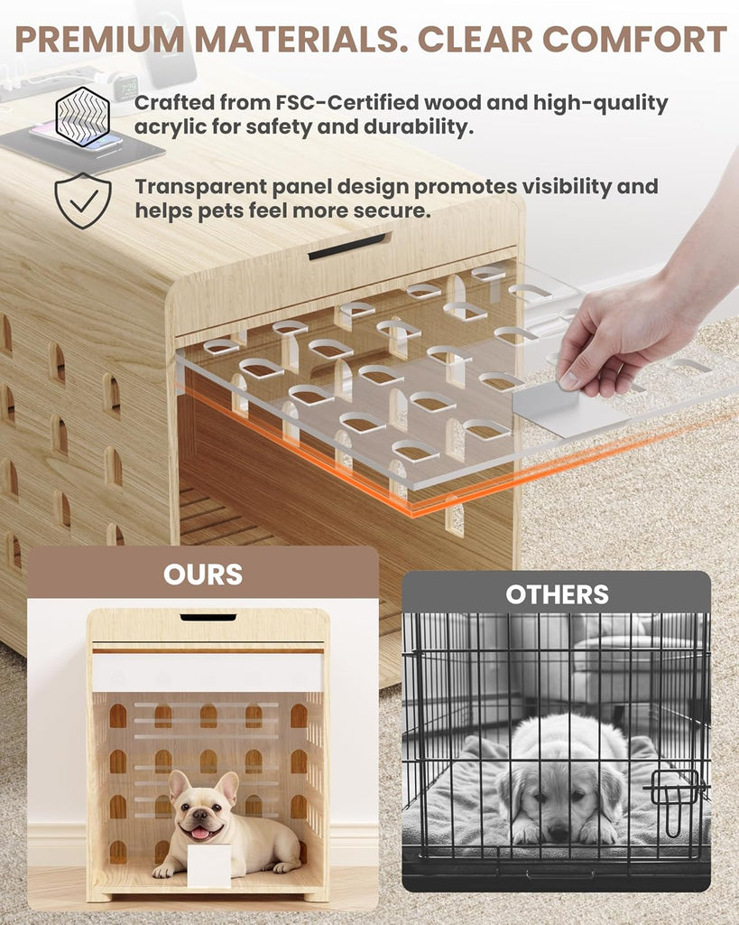 Modern Dog Crate Furniture with Charging Station - Wooden End Table Dog Crate with Flip-Up Acrylic Door, Indoor