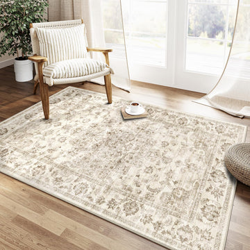 3x5 Washable Neutral Area Rug Beige Vintage Entryway Office Carpet Non-Slip Soft Low Pile Farmhouse 