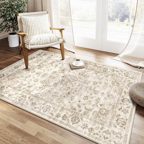 3x5 Washable Neutral Area Rug Beige Vintage Entryway Office Carpet Non-Slip Soft Low Pile Farmhouse 