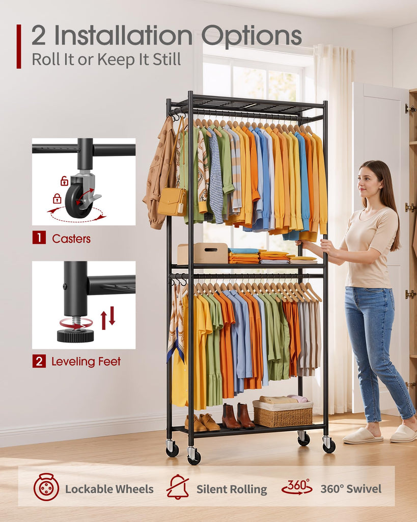 Clothes Rack - 33.0" x 12.2" x 79.5" Clothing Rack with Shelves & Wheels, Multi-Functional Wardrobe Closet with