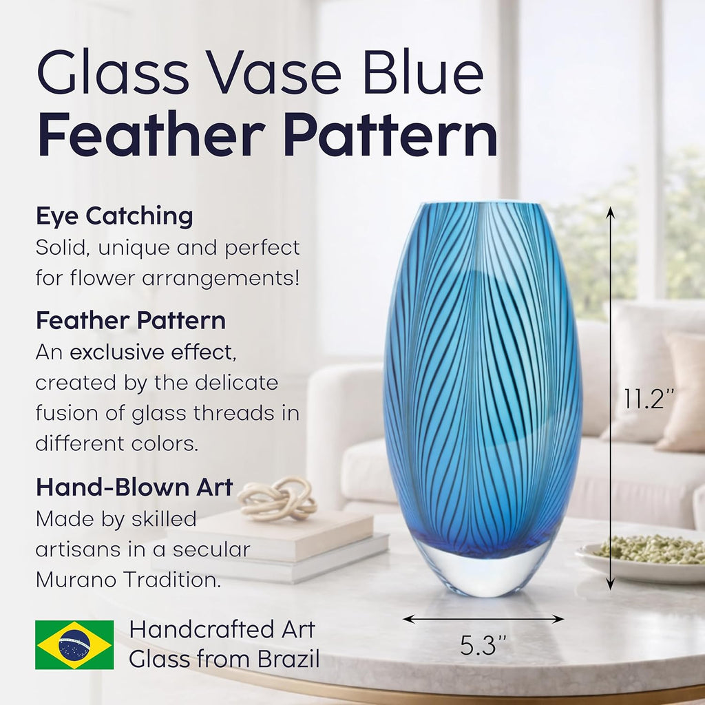 Murano Style Glass Vase Hand Blown Blue Feather Pattern Effect Home Decor | Hand Blown Glass Vase, Decorative Table