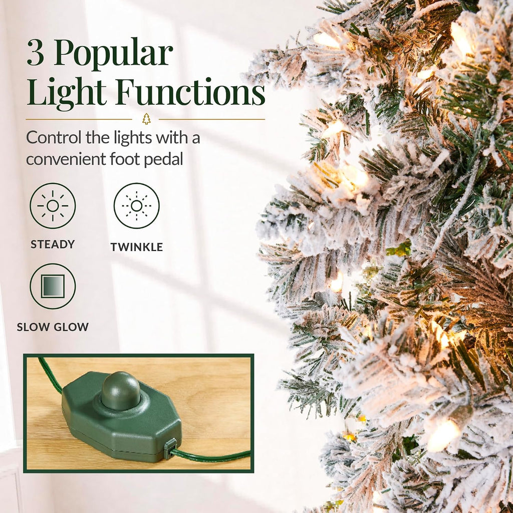 Flocked Pencil Christmas Tree w/Twinkling LEDs, Pre-Lit Slim Artificial Holiday Decoration, Lighted Skinny