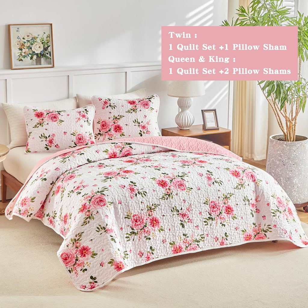Floral Quilt Set 3 Pieces King White Pink Flower Soft Microfiber Lightweight Summer Reversible Coverlet Bedspread for