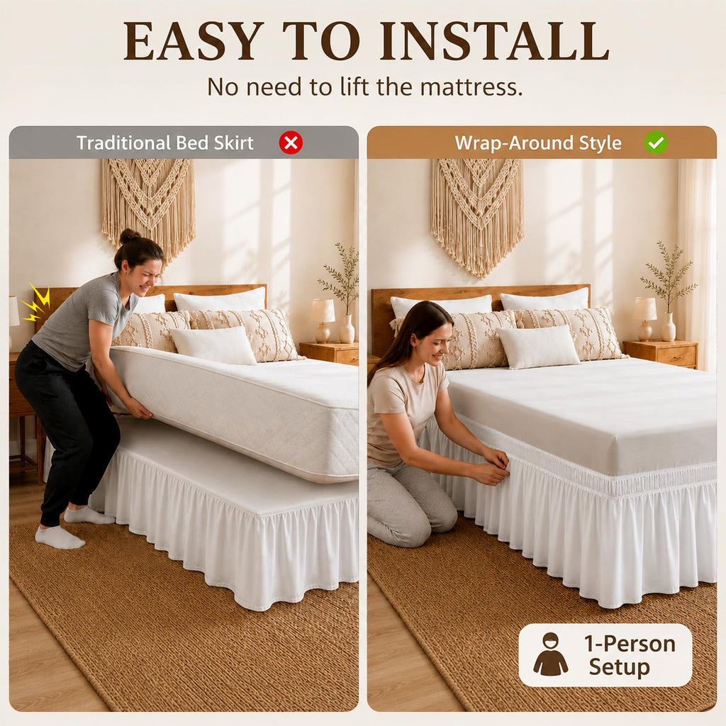 White Queen Bed Skirt 14 Inch Drop, Elastic Wrap Dust Ruffle