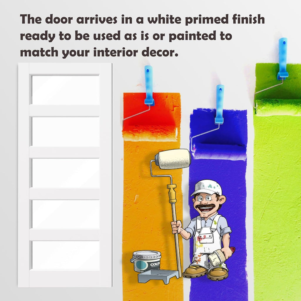 French Doors, 60"x80"Interior Double Doors with Jamb & Hardware Kit, 5-Lite Clear Glass, Solid Core MDF for Bedroom