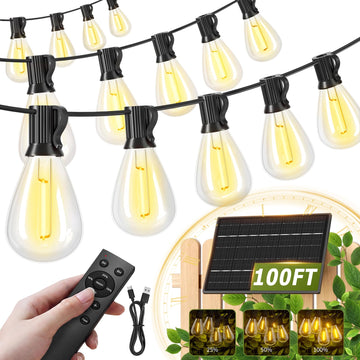 Solar Outdoor String Lights with 36+2 Edison Shatterproof Waterproof Bulbs, 2200K Commercial Grade Patio
