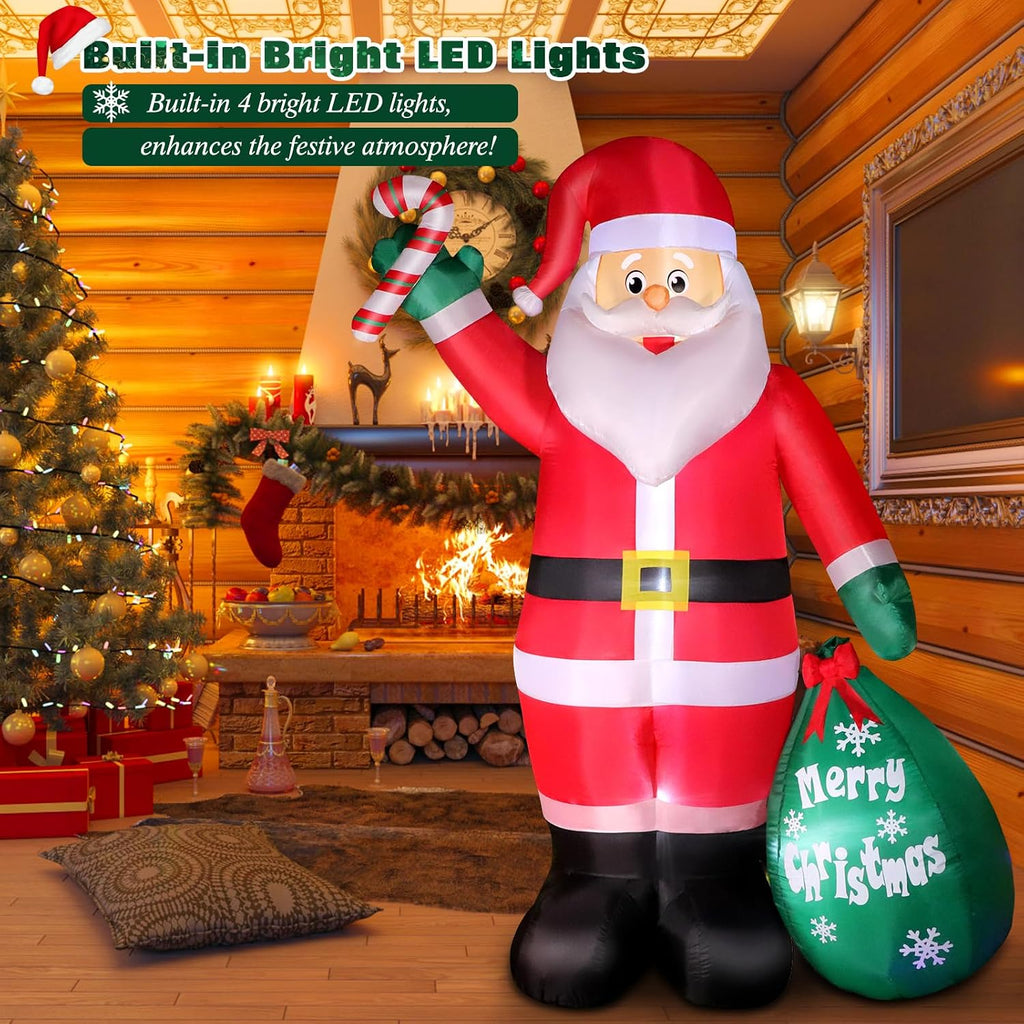 8FT Christmas Inflatable Santa Claus with Candy and Big Gift Bag Outdoor Decoration, Built-in Led Lights Blow Up Xmas