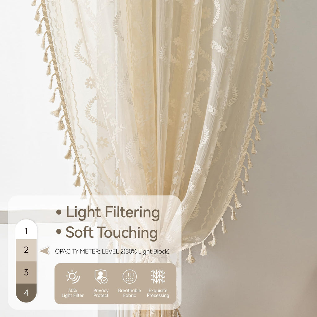 Boho Lace Curtains 2 Panels 84 Inches -Cute Vintage Victorian Sheer Panel Drape French Country Floral Pattern &