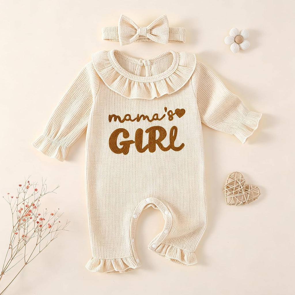 2 Piece Long Sleeve Ruffle Jumpsuit,Baby Girl Waffle Romper with Headband