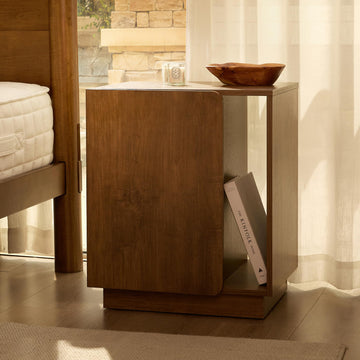 Walnut Finish Nightstand with Charging Station, Minimalist Style