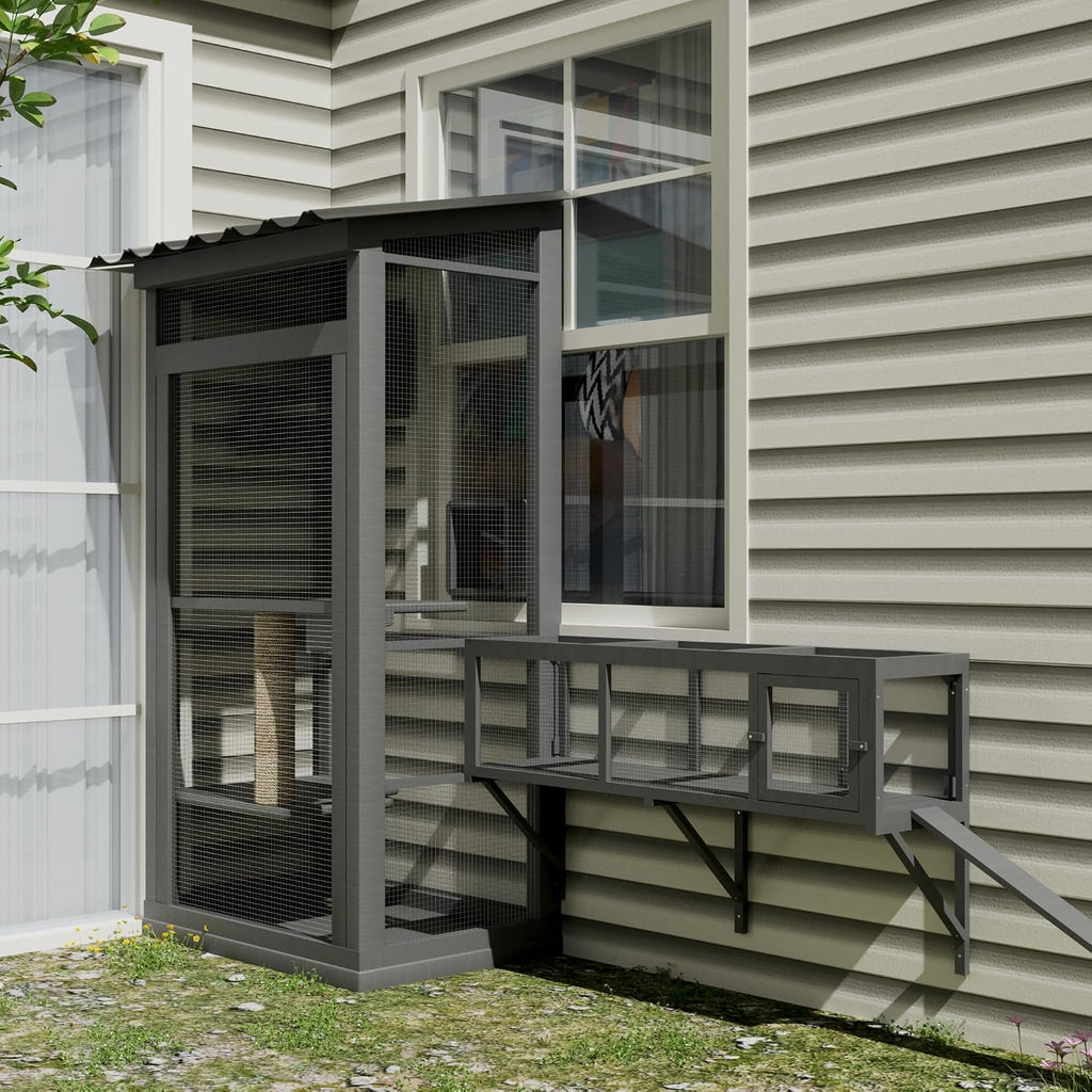 Outdoor Window Catio, 59" L Modular Wooden Cat Tunnel