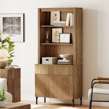 Modern 71.5" Tall Bookcase with 2 Doors & 1 Drawers, Fluted Bookcase with Storage and Adjustable Shelves, Wooden