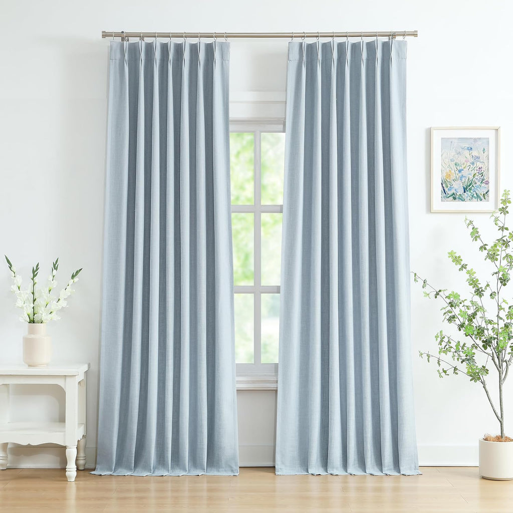 102 Inches Long Dusty Blue Bailey Pinch Pleat Full Blackout Curtains with Liners,Linen Textured Drapes for Modern