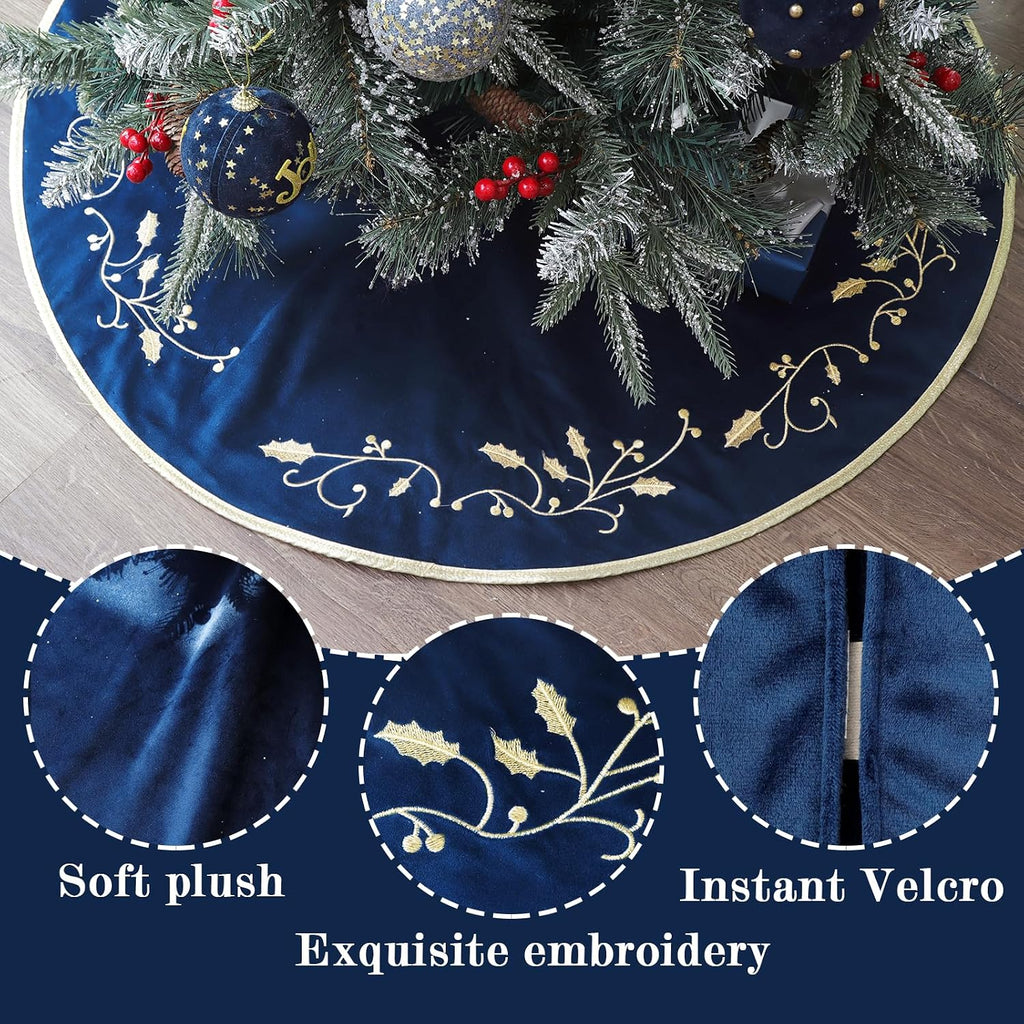 Christmas Tree Skirt, 36 inches Large Velvet Fur Plush Blue Tree Skirt, Xmas Tree Skirts with Gold Embroidered Holly