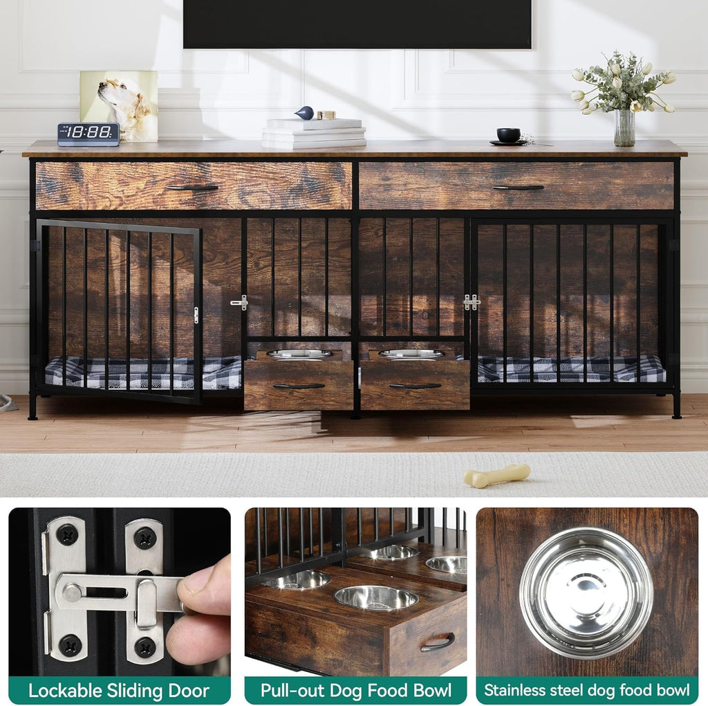 74.8" Double Dog Crate TV Stand with Dog Feeder for 2 Small Medium Dog