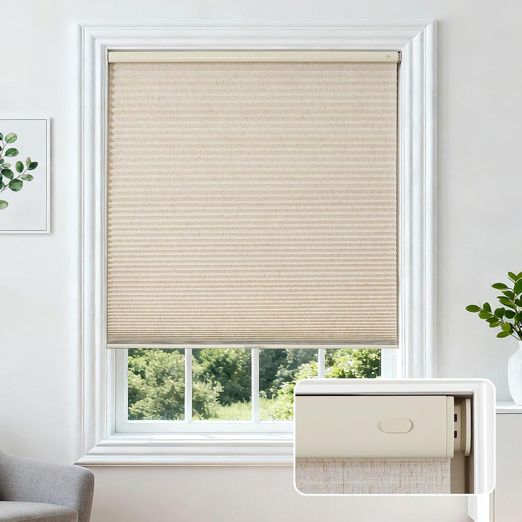 No Drill Light Filtering Cellular Shades, White, | Thermal I - Linen Beige