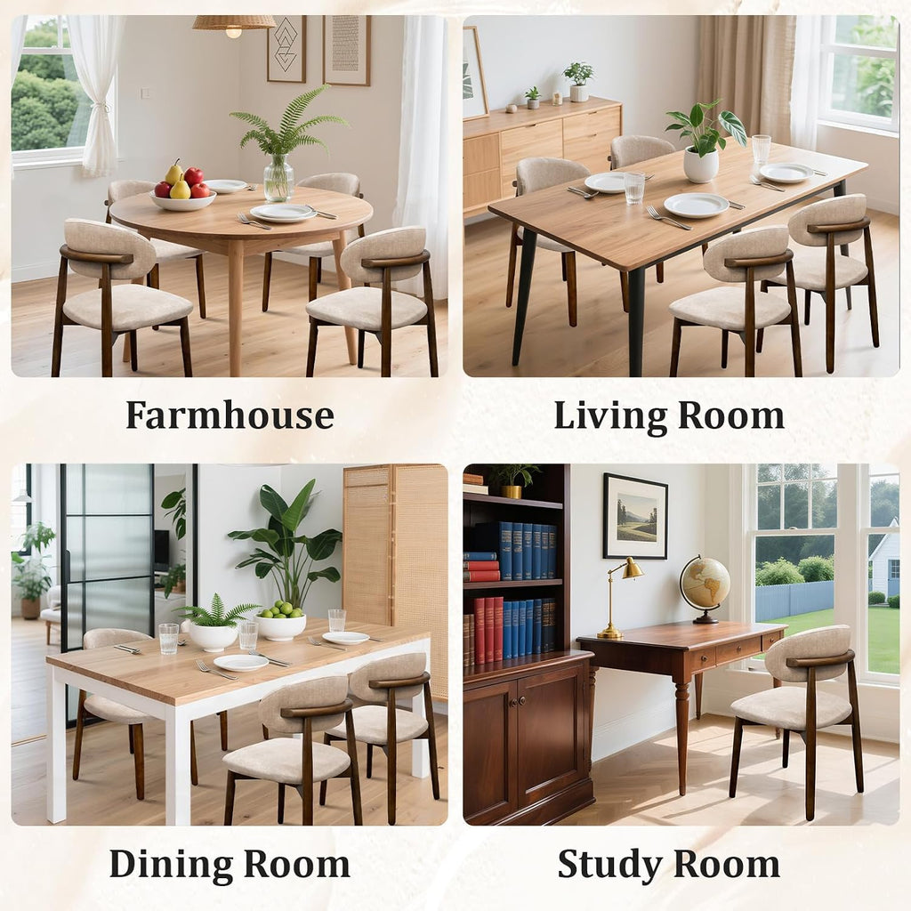 Farmhouse Dining Chairs Set of 4, Mid Century Modern Fabric Upholstered Kitchen Chairs, Wooden Dining Room Chair with