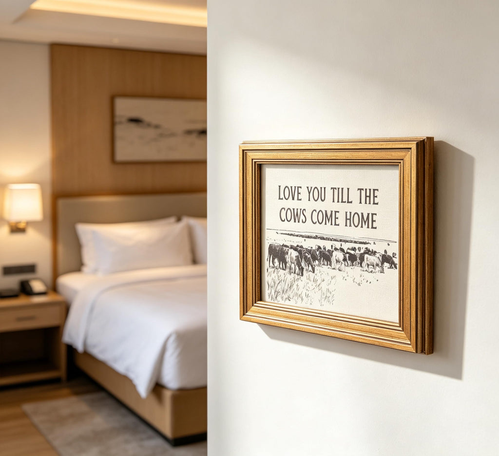 Vintage Gold Framed Cow Wall Art, Western Cowboy Country Landscape Painting Canvas Prints, Romantic Quotes Family