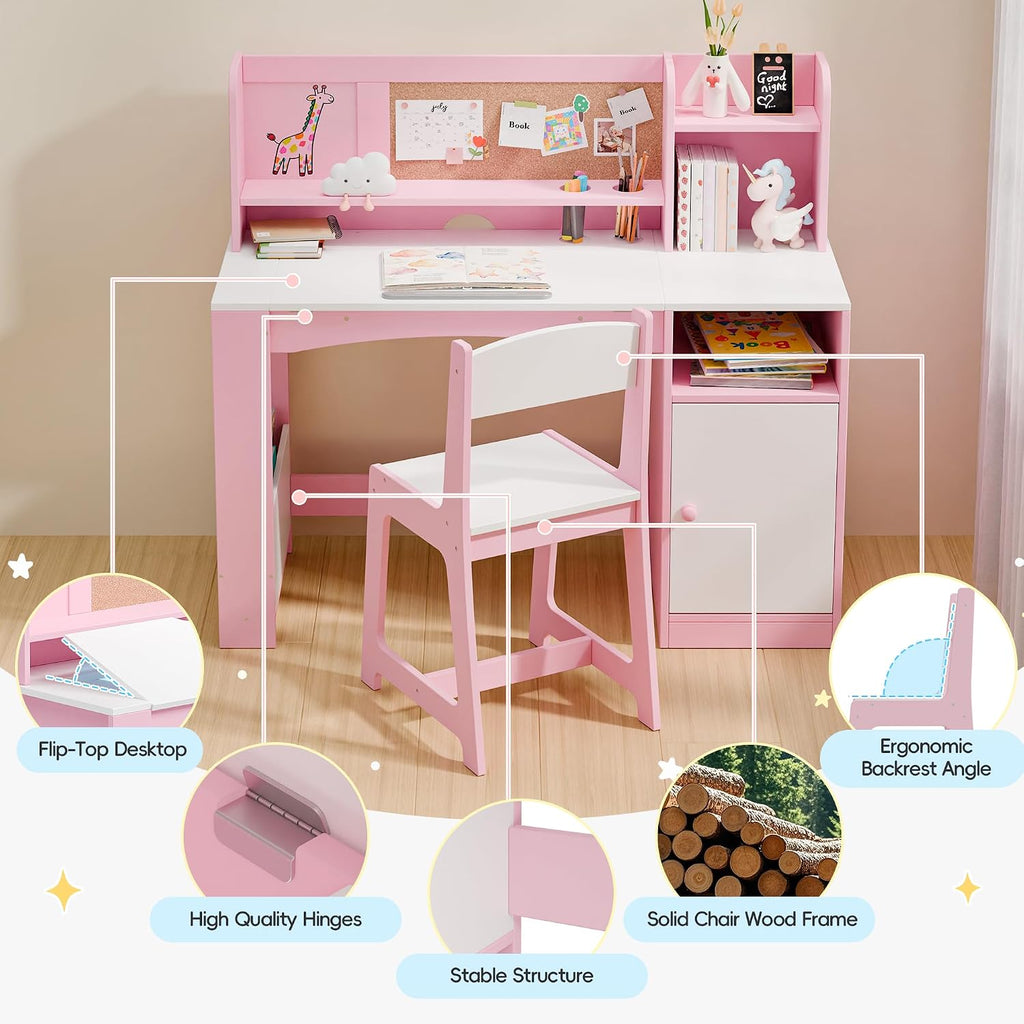 Kids Desk and Chair Set, Wooden Desk for Kids with Tiltable Desktop & Hutch, Kid Desk with Storage Cabinet, Study