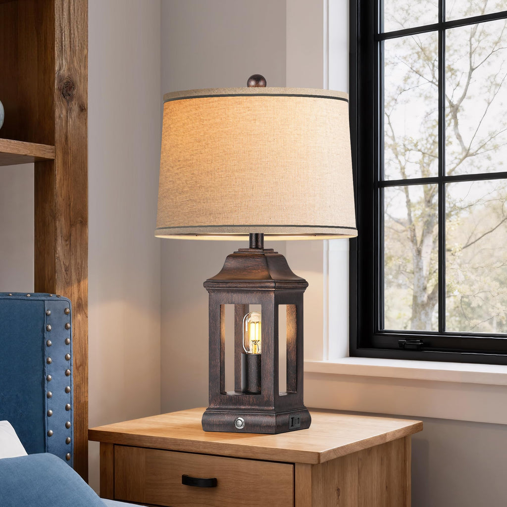 24" Rustic Farmhouse Table Lamps, Single Pack Touch Dimmable Nightlight Vintage Bedside Lamps with USB A+C Ports &