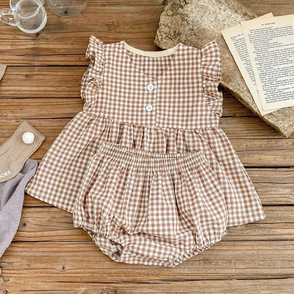 Baby Girls Summer Shorts Sets Infant Plaid Ruffle Sleeveless Tops Bloomer 2PCS Outfits