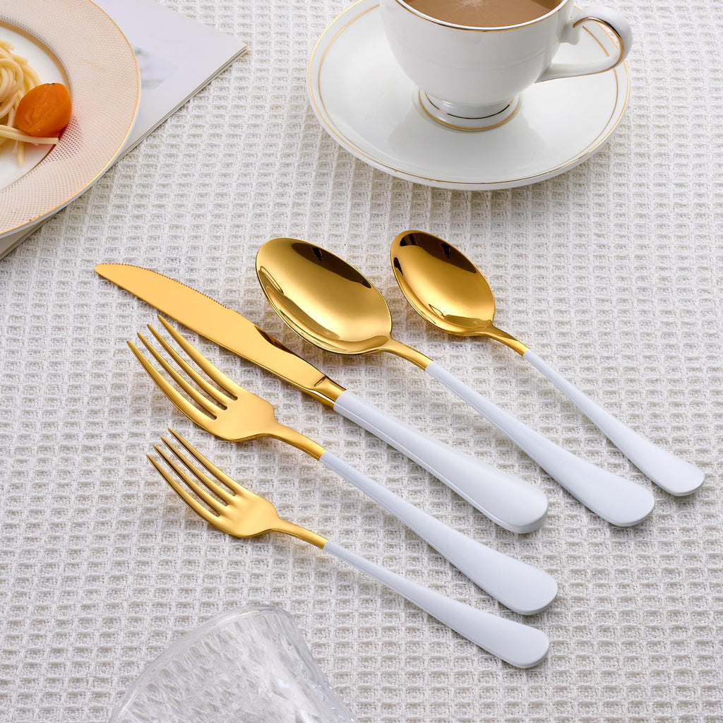 20 Piece Gold and White 18/0 Flatware Utensil Set for 4, Include Dinner Knife, Dinner Forks, Dinner Spoons, Salad