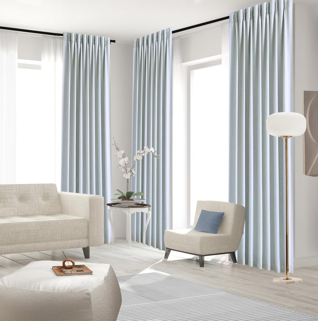 102 Inches Blue Grey Linen Full Blackout Pinch Pleat Curtains